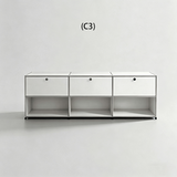 Three-column silver sideboard with three upper doors and enclosed lower display cubbies, configuration C3.

