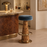 French Mid-Century Bar Stool – Stainless Steel & Burl Wood, Velvet Seat