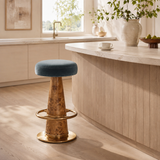 French Mid-Century Bar Stool – Stainless Steel & Burl Wood, Velvet Seat