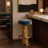 French Mid-Century Bar Stool – Stainless Steel & Burl Wood, Velvet Seat