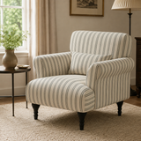 Modern Striped Linen Armchair – Rolled Arm Accent Chair with Solid Wood Legs