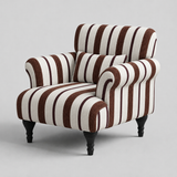 Modern Striped Linen Armchair – Rolled Arm Accent Chair with Solid Wood Legs