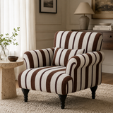 Modern Striped Linen Armchair – Rolled Arm Accent Chair with Solid Wood Legs