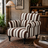 Modern Striped Linen Armchair – Rolled Arm Accent Chair with Solid Wood Legs