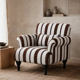 Modern Striped Linen Armchair – Rolled Arm Accent Chair with Solid Wood Legs