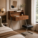 Mid-Century Solid Wood Vanity Desk with Leather Stool | Alice Vanity Table | STOOLTOPIA