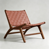 Poltrona lounge moderna con imbracatura in pelle e struttura in legno