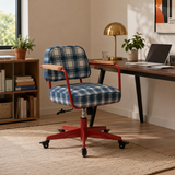 Retro Plaid Swivel Desk Chair | Adjustable Height, Solid Wood Armrests