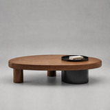 Tavolino da Caffè a Forma di Ciottolo - Piano in Legno Massello con Moderna Base in Metallo