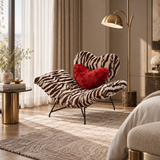 Zebra-print lounge chair with a red heart cushion beside a gold floor lamp and round side table near a window.
