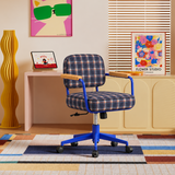 Silla de oficina giratoria a cuadros vintage | Altura ajustable, reposabrazos de madera maciza