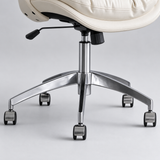 Close-up of the office chair's chrome five-star base, black-and-silver castors, height-adjustment lever and under-seat knob.
