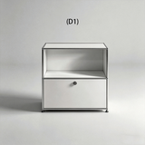Silver modular cabinet with an enclosed upper display cubby and one lower door, configuration D1.

