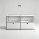 Two-column silver sideboard with two enclosed upper display cubbies and two lower doors, configuration D2.