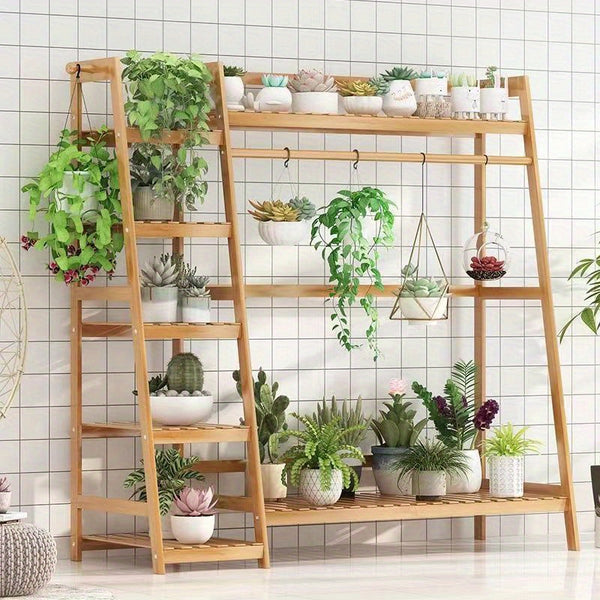 Large Wooden Multi-Tier Plant Stand with Hanging Bar – Indoor & Outdoor Trapezoid Flower Shelf for Balcony, Garden, or Living Room