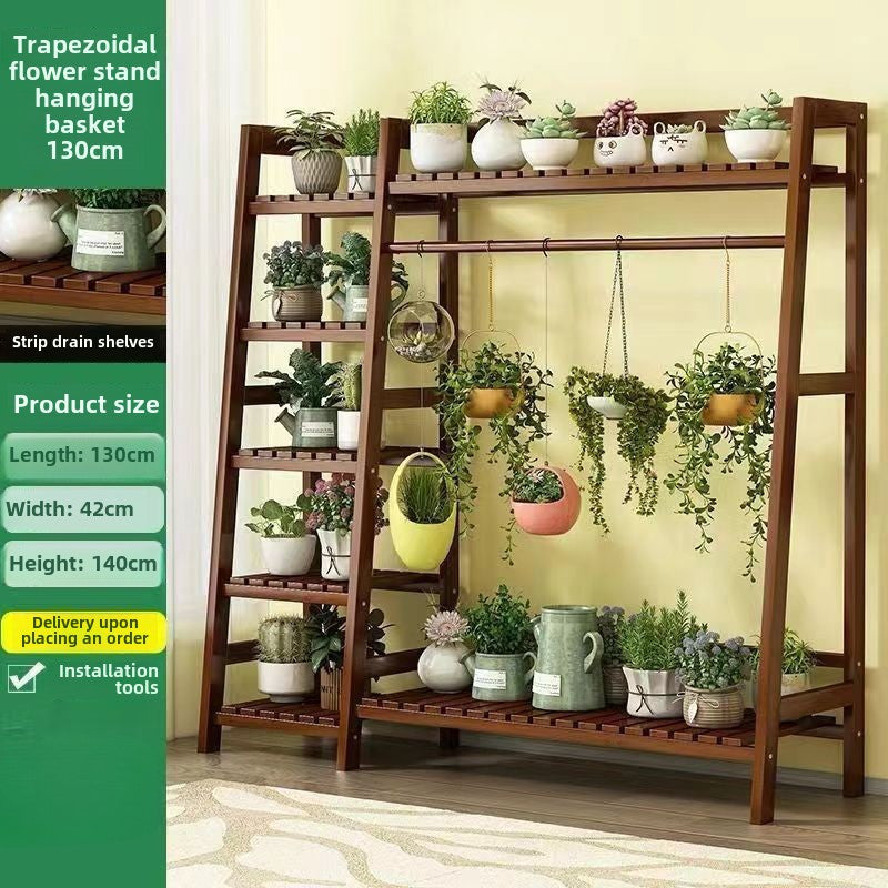 Large Wooden Multi-Tier Plant Stand with Hanging Bar – Indoor & Outdoor Trapezoid Flower Shelf for Balcony, Garden, or Living Room