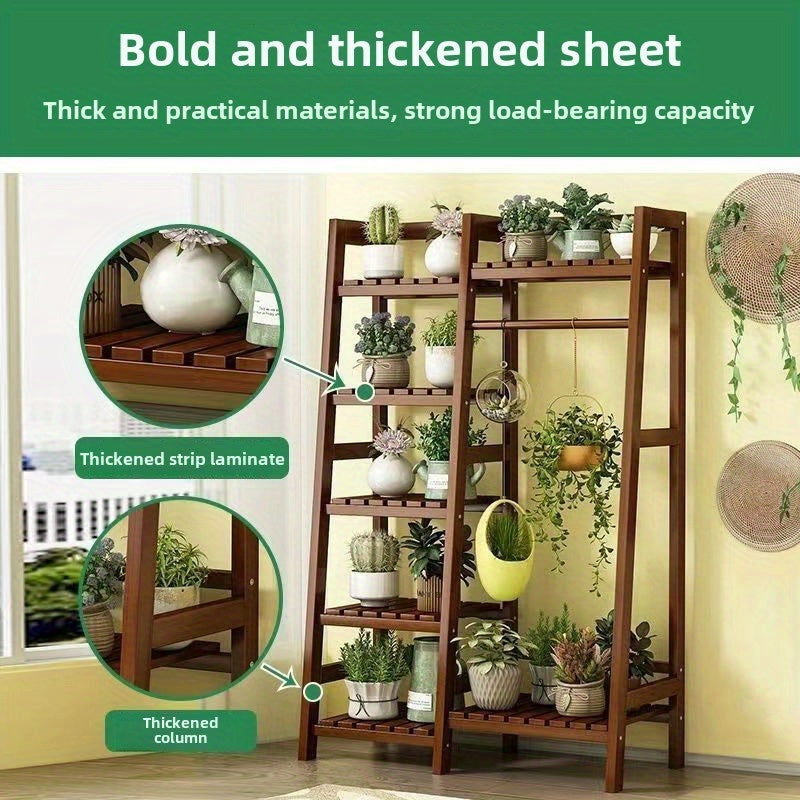 Large Wooden Multi-Tier Plant Stand with Hanging Bar – Indoor & Outdoor Trapezoid Flower Shelf for Balcony, Garden, or Living Room