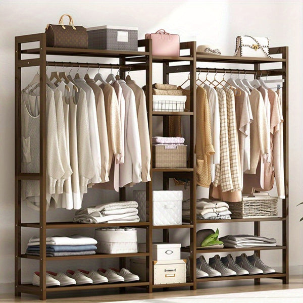 Freestanding Wooden Wardrobe Organizer – Double Hanging Closet Rack with Shelves for Clothes, Shoes & Accessories