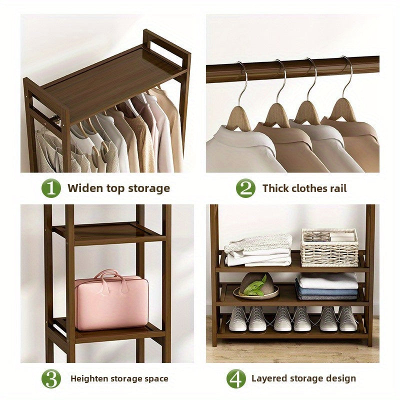 Freestanding Wooden Wardrobe Organizer – Double Hanging Closet Rack with Shelves for Clothes, Shoes & Accessories