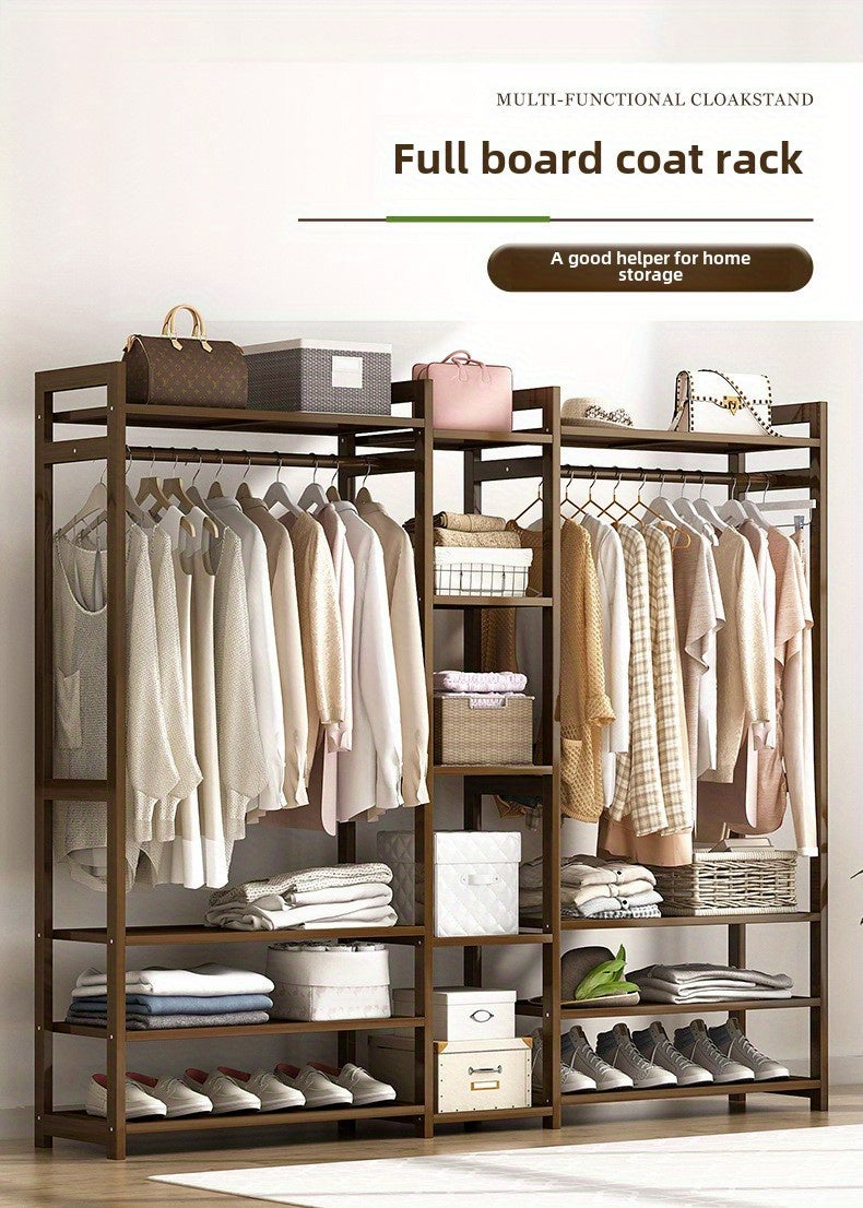 Freestanding Wooden Wardrobe Organizer – Double Hanging Closet Rack with Shelves for Clothes, Shoes & Accessories