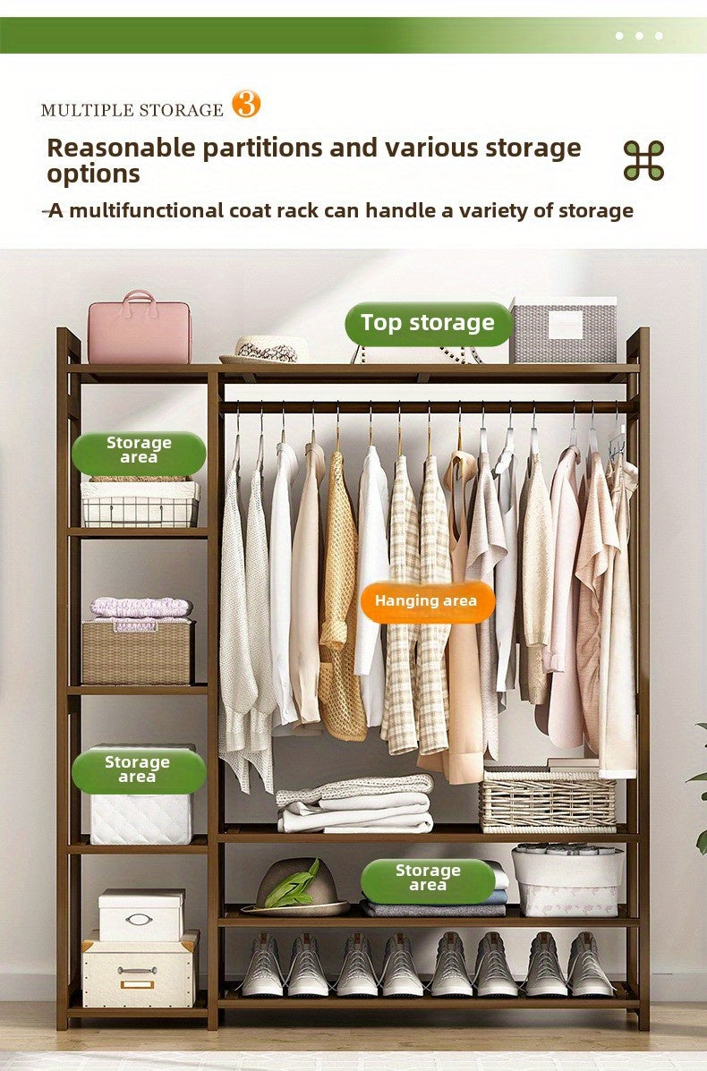 Freestanding Wooden Wardrobe Organizer – Double Hanging Closet Rack with Shelves for Clothes, Shoes & Accessories