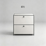 Silver modular cabinet with two stacked doors, round handles and a tubular frame, configuration E1.