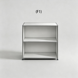 Silver modular shelving unit with two stacked open-front cubbies and a tubular frame, configuration F1.