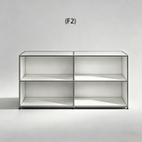 Two-column silver shelving unit with four open-front cubbies and a tubular frame, configuration F2.