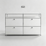 Two-column silver sideboard with shallow open top shelves and four doors below, configuration G2.