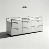 Angled view of a three-column silver sideboard with shallow open top shelves and six doors, configuration G3.