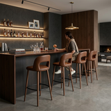 Taburete de bar moderno con respaldo curvo – Diseño de altura fija con tapicería de tela o cuero de primera calidad