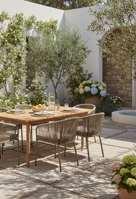 A bright and natural spring courtyard setting designed for a premium furniture brand website.
Elegant outdoor patio or garden space with soft spring sunlight, fresh greenery, trees, and subtle flowers.
High-end outdoor table and chair set placed naturally in the courtyard, suitable for modern home living.
Calm, airy, and refreshing atmosphere that feels like early spring — natural textures, light breeze mood, no harsh shadows.

Mediterranean or modern garden courtyard style, stone or concrete flooring, neut