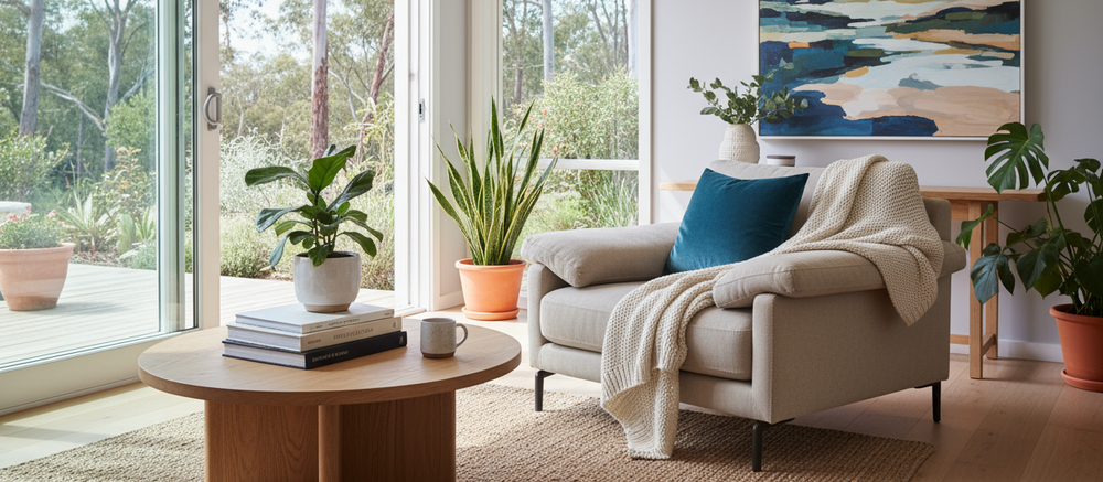 A cozy Australian living room featuring a modern, comfortable armchair with soft, padded armrests. The space is bright and airy, with natural light streaming through large windows, offering a view of the outdoors. The armchair is paired with a plush throw blanket, a soft velvet cushion, and a stylish coffee table with decorative accents. The room is decorated in a neutral color palette with light wood floors, light grey walls, and touches of greenery like potted plants. A large, abstract painting adorns the