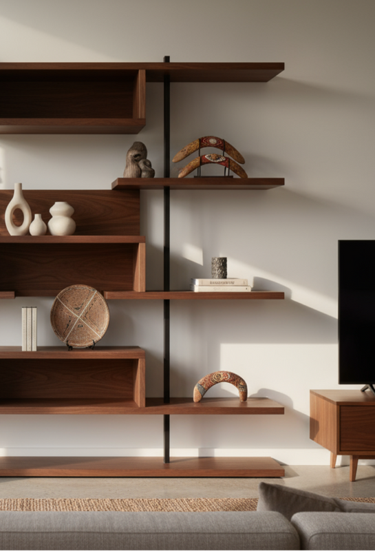 A high-end Australian-style bookshelf with multiple open shelves, crafted from solid wood with a walnut finish. The sleek, minimalist design features clean lines and subtle detailing, perfect for contemporary interiors. Soft natural light filters through large windows, highlighting the wood’s rich grain. Decorative pieces like potted plants and ceramic vases add a touch of elegance. The overall atmosphere is calm, refined, and stylish, ideal for a modern living or study area.