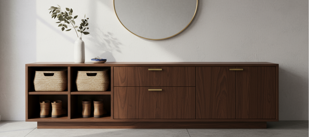 A stunning Australian-style entryway cabinet crafted from rich solid wood with a sleek, matte finish. The design features a perfect balance of open and closed storage, ideal for organizing shoes and accessories with style. Polished handles and fine craftsmanship enhance the cabinet’s luxurious appeal. Soft natural light highlights the wood’s natural beauty, while subtle décor elements like eucalyptus branches and an artful mirror create a refined, welcoming atmosphere.