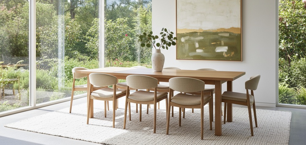 A stylish and serene Australian dining area with a light oak dining table, paired with beige upholstered chairs. The room is bathed in natural sunlight coming through large windows, offering a scenic view of the outdoor greenery. The setting is minimalistic yet elegant, featuring a soft textured rug, a chic ceramic vase with eucalyptus leaves, and an abstract painting on the wall. The design incorporates light neutral tones with subtle pops of greenery, creating a tranquil and inviting atmosphere ideal for 