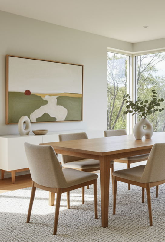 A stylish and serene Australian dining area with a light oak dining table, paired with beige upholstered chairs. The room is bathed in natural sunlight coming through large windows, offering a scenic view of the outdoor greenery. The setting is minimalistic yet elegant, featuring a soft textured rug, a chic ceramic vase with eucalyptus leaves, and an abstract painting on the wall. The design incorporates light neutral tones with subtle pops of greenery, creating a tranquil and inviting atmosphere ideal for 