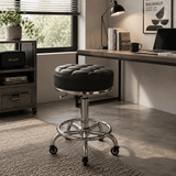 Adjustable Swivel Salon Stool - Leather Seat with 360° Rotation & Wheels - StoolTopia