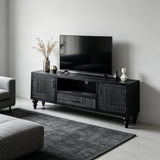 Black Carved Wood TV Cabinet with Storage Drawers - StoolTopia