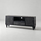 Black Carved Wood TV Cabinet with Storage Drawers - StoolTopia
