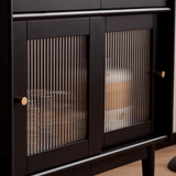 Black Solid Wood Coffee Station Cabinet with Curved Frame and Ribbed Glass Doors - StoolTopia