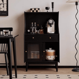 Black Solid Wood Coffee Station Cabinet with Curved Frame and Ribbed Glass Doors - StoolTopia