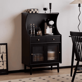 Black Solid Wood Coffee Station Cabinet with Curved Frame and Ribbed Glass Doors - StoolTopia