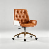 Button-Tufted Leather Swivel Office Chair | Wood Shell & Gold or Silver Base