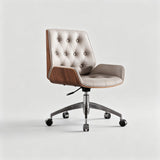 Button-Tufted Leather Swivel Office Chair | Wood Shell & Gold or Silver Base