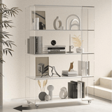 Clear Acrylic Bookshelf with White Shelves and Golden Accents - StoolTopia