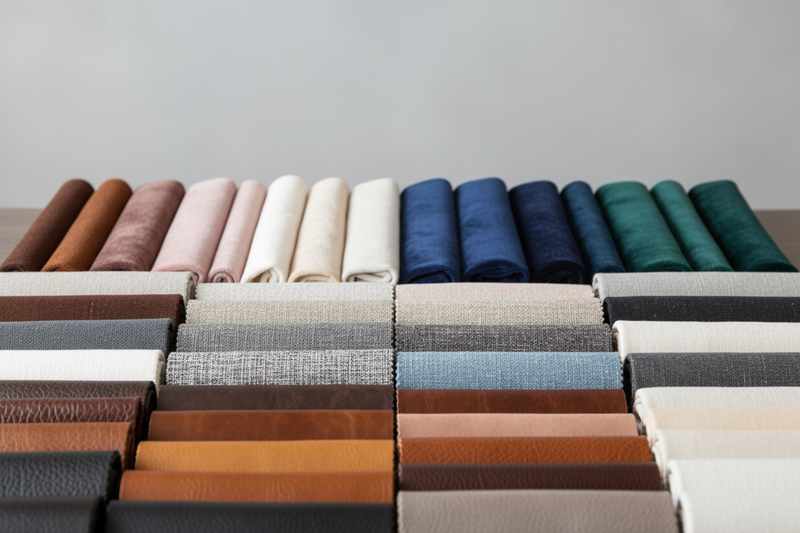 Create a high-resolution, realistic photo of custom furniture fabrics arranged neatly. Display premium leather, soft fabrics, and other common upholstery materials in an orderly, visually balanced manner. The fabrics should be arranged in rows or sections, with each material clearly visible. Focus on highlighting the textures and colors of each material with soft, professional lighting, ensuring the presentation looks clean, sophisticated, and modern.