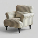Modern Striped Linen Armchair – Rolled Arm Accent Chair with Solid Wood Legs