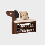 Dog - Shaped Solid Wood Shoe Storage Bench with Leather Cushion | Entryway Seating with Shelves - StoolTopia