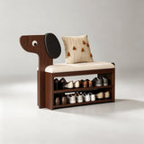 Dog-Shaped Solid Wood Shoe Storage Bench with Leather Cushion | Entryway Seating with Shelves - StoolTopia